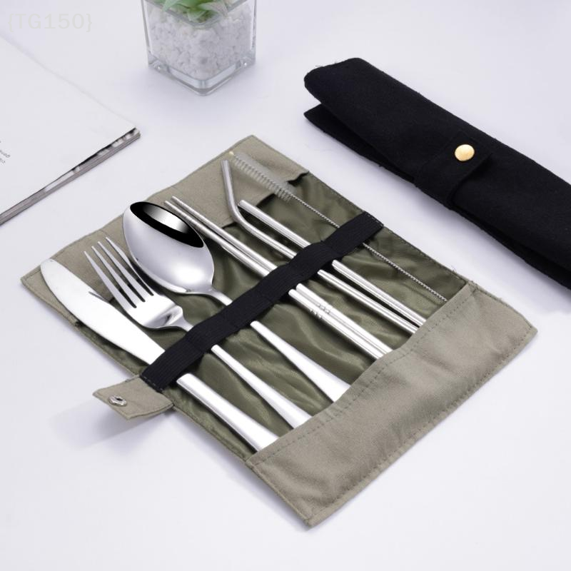 Stainless Steel Straw - 【TG150】8Pcs Portable Stainless Steel Travel Cutlery
